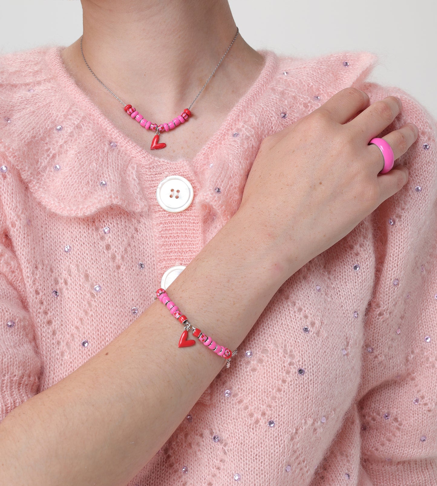 Pink & Red Check Cube Bead | Enamel Sterling Silver
