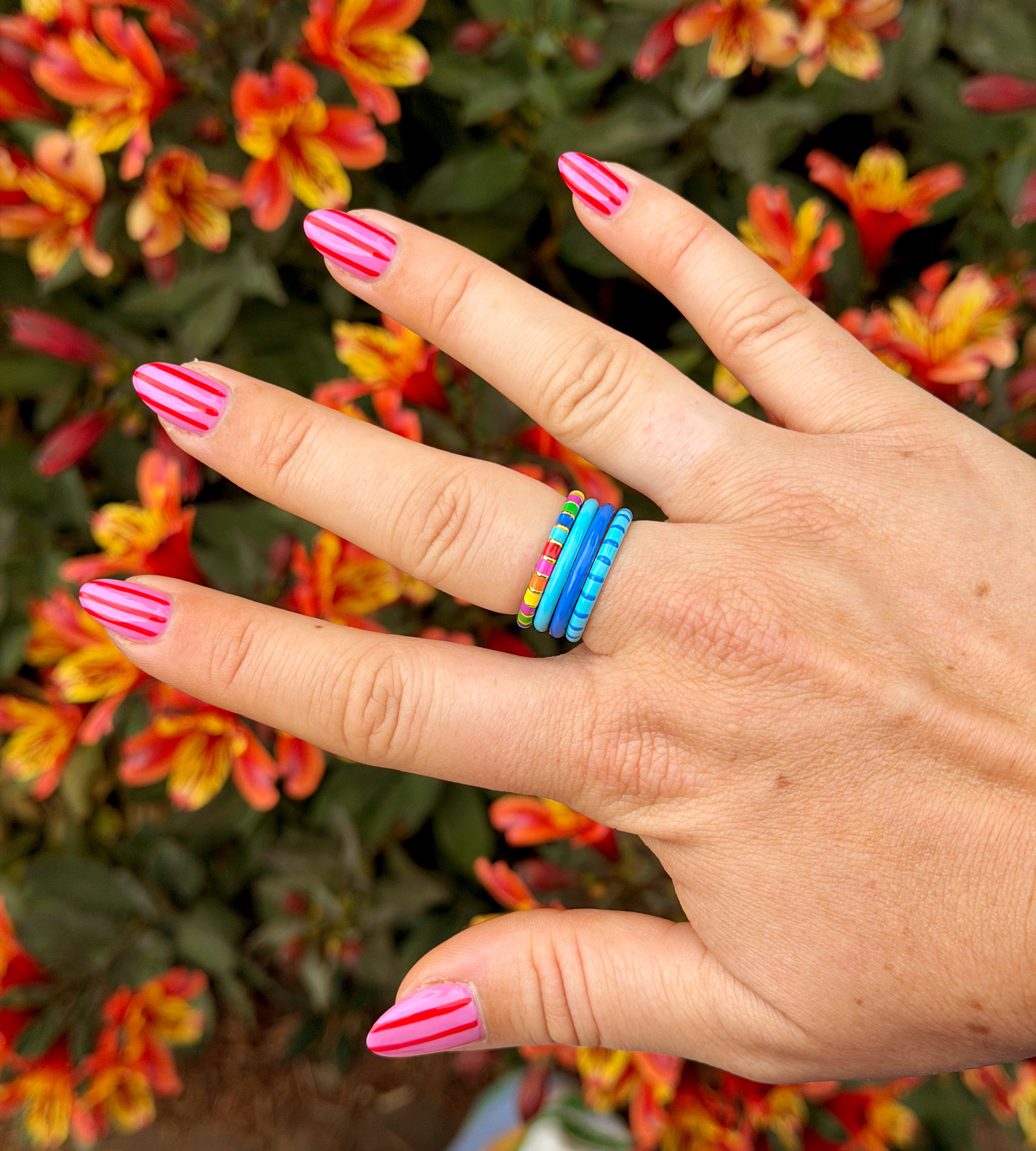 Celeste & Blu Freehand Striped Thin Ring | Enamel Sterling Silver