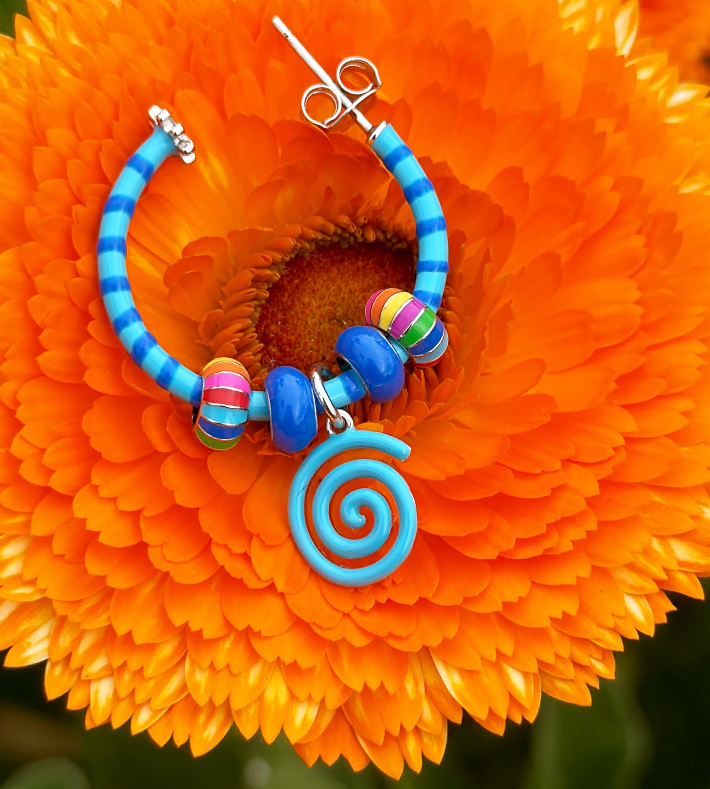Celeste & Blue Freehand Striped Hoop Earring | Enamel Sterling Silver (Single)