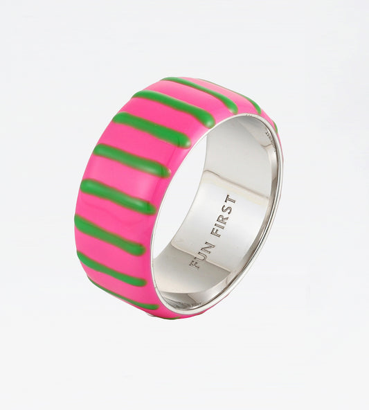 Pink & Green Freehand Striped Thick Ring | Enamel Sterling Silver